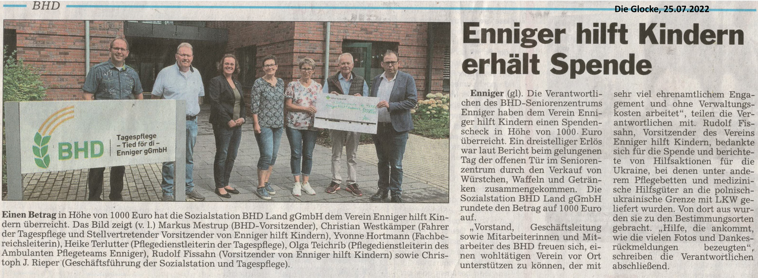 Enniger HILFT Kindern - Spende BHD Enniger für den Verein Enniger HILFT Kindern e.V.