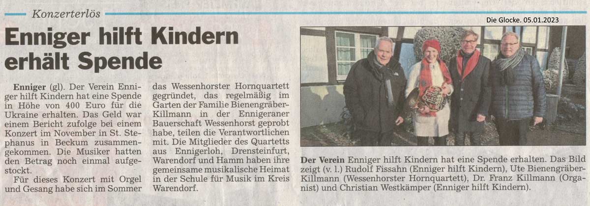 Enniger HILFT Kindern - erhält Spende.