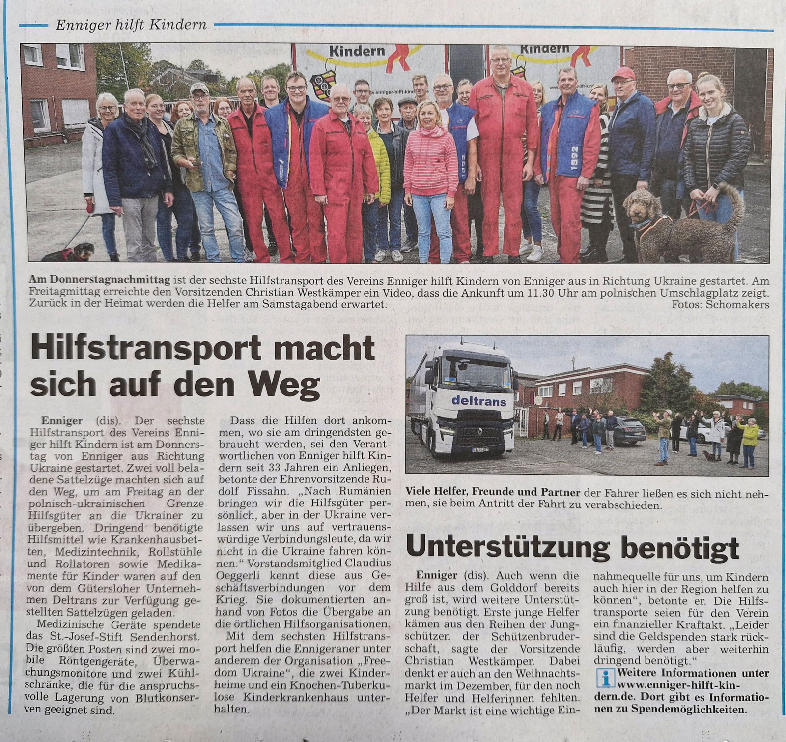 Enniger HILFT Kindern - sechster Hilftransport in die Ukraine