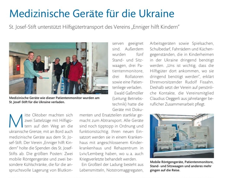 Enniger HILFT Kindern - Medizinische Geräte für die Ukraine vom St. Josef-Stift